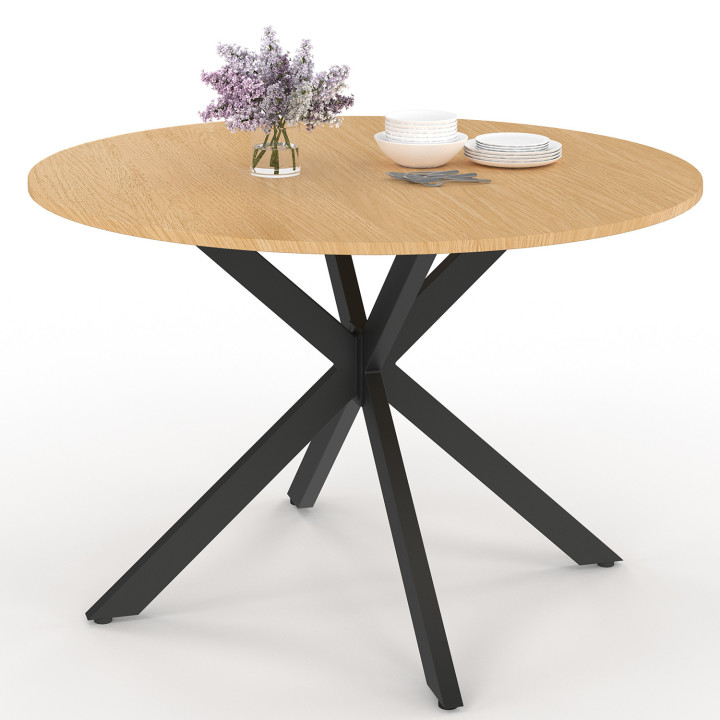 Tavolo da giardino rotondo MESSINA, 120 cm, 6 posti, gamba a ragno, piano in metallo effetto legno