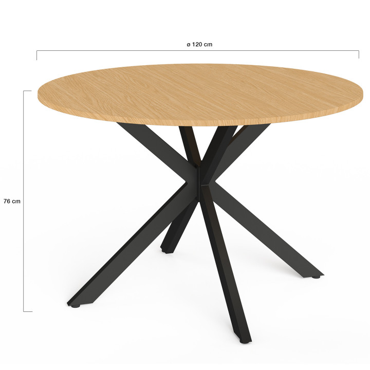 Tavolo da giardino rotondo MESSINA, 120 cm, 6 posti, gamba a ragno, piano in metallo effetto legno