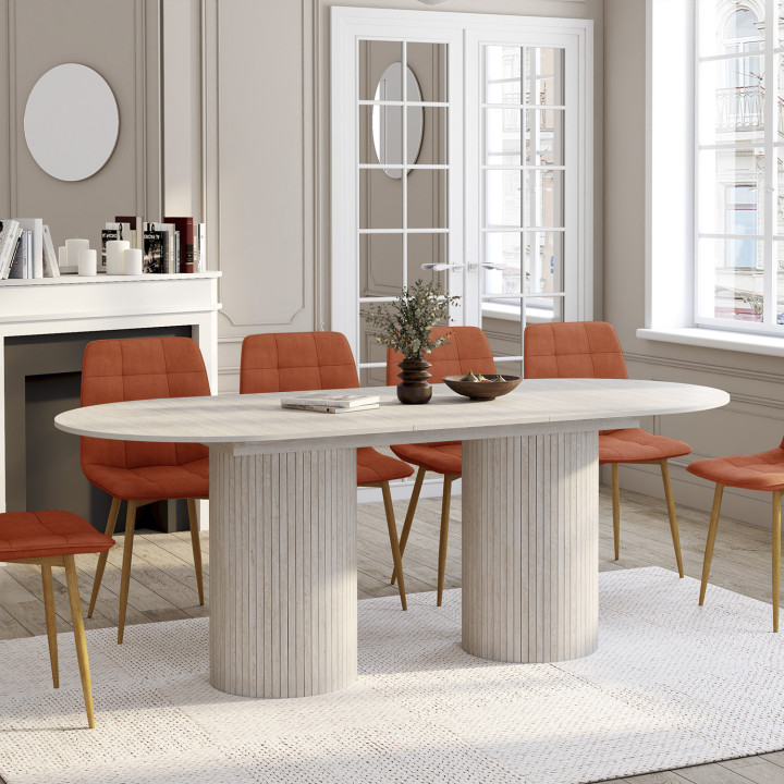 Tavolo da pranzo ovale allungabile JULIETTE 6-10 persone con gambe cilindriche effetto doghe e piano effetto travertino 160-200