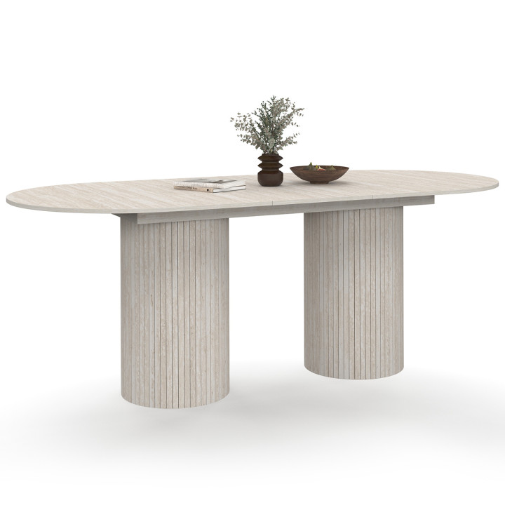 Tavolo da pranzo ovale allungabile JULIETTE 6-10 persone con gambe cilindriche effetto doghe e piano effetto travertino 160-200