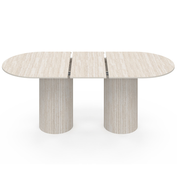Tavolo da pranzo ovale allungabile JULIETTE 6-10 persone con gambe cilindriche effetto doghe e piano effetto travertino 160-200