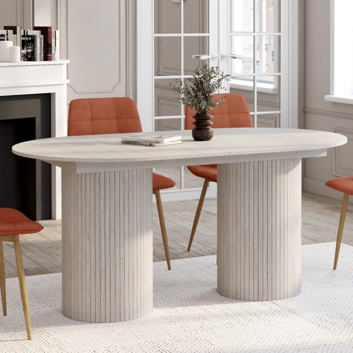 Tavolo da pranzo ovale allungabile JULIETTE 6-10 persone con gambe cilindriche effetto doghe e piano effetto travertino 160-200