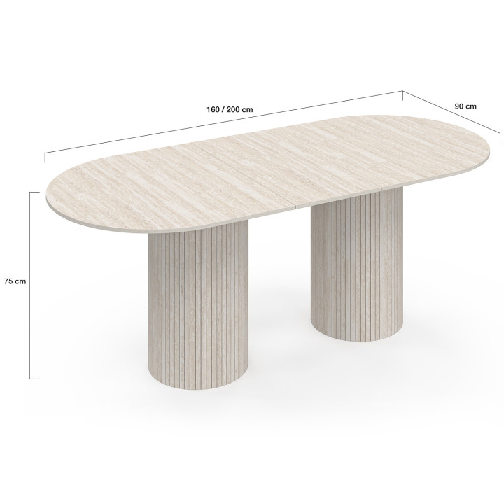 Tavolo da pranzo ovale allungabile JULIETTE 6-10 persone con gambe cilindriche effetto doghe e piano effetto travertino 160-200