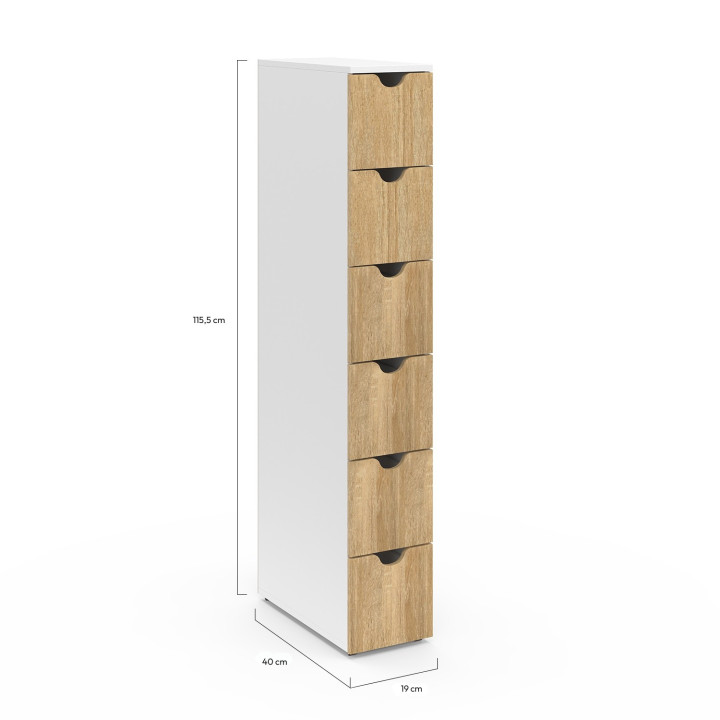 WILO 6-lade opslagtoren op wielen ruimtebesparende kolom in wit en beuken look