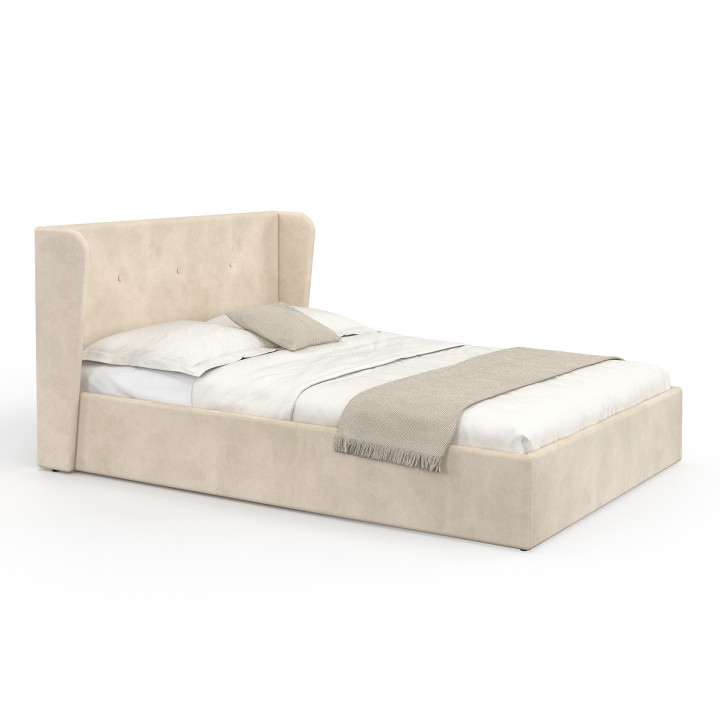 Tweepersoons kistbed met omhullend hoofdeinde en beige fluwelen lattenbodem 140 x 190 cm - OREA | IdMarket