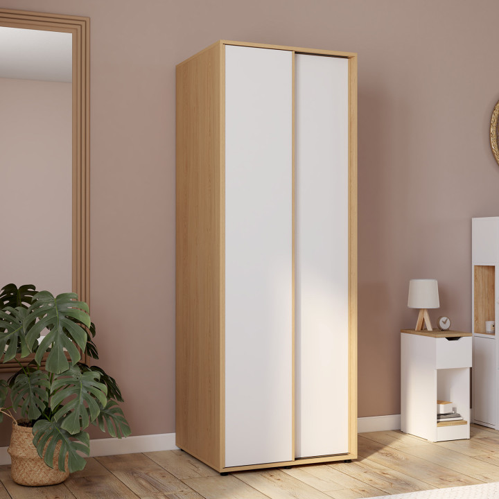 Armoire 2 portes coulissantes SLIDEA bois et blanc 60 cm penderie avec étagère