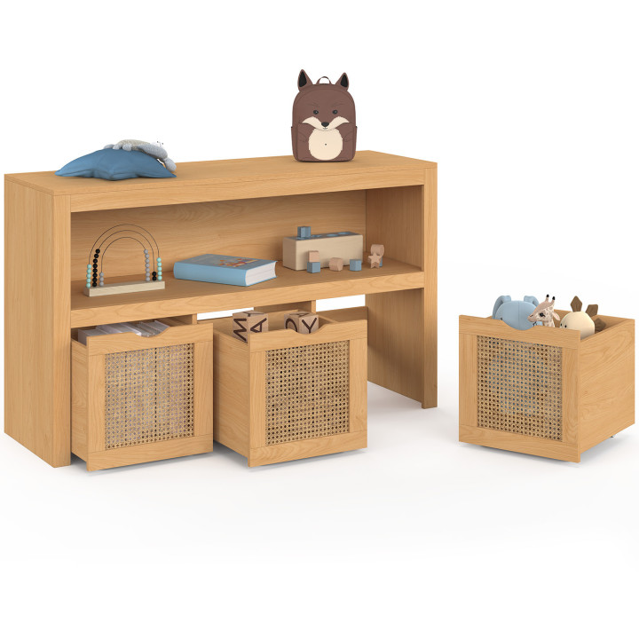 Contenitore per bambini EDHEN in legno e canna con 3 cassetti a cubo su rotelle