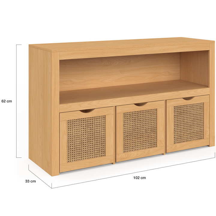 Contenitore per bambini EDHEN in legno e canna con 3 cassetti a cubo su rotelle