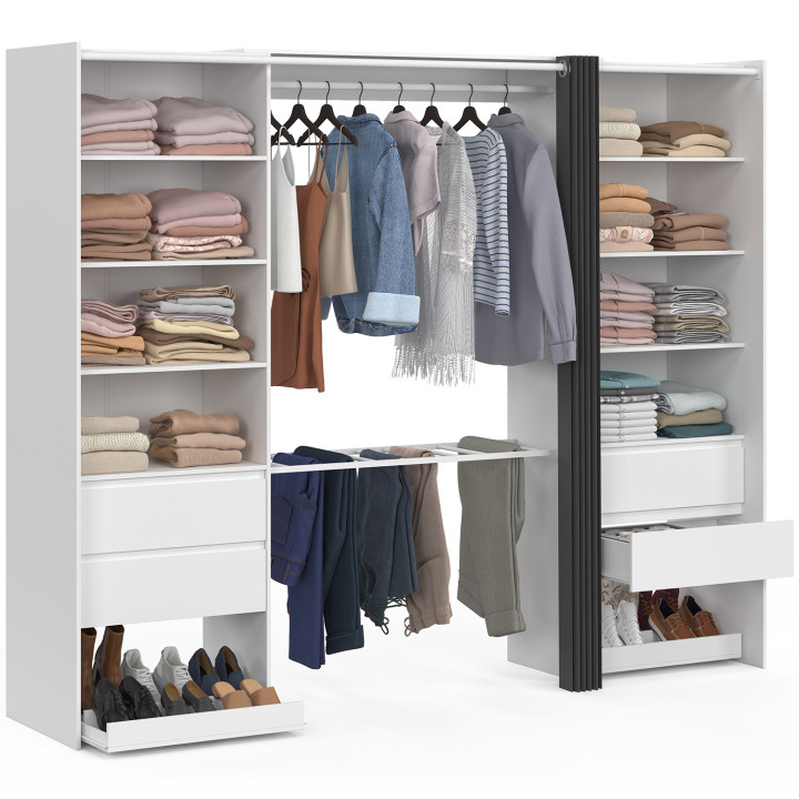 Dressing double XXL MERYL 220 cm avec porte pantalons + étagères + tiroirs + rangements à chaussures blanc et gris
