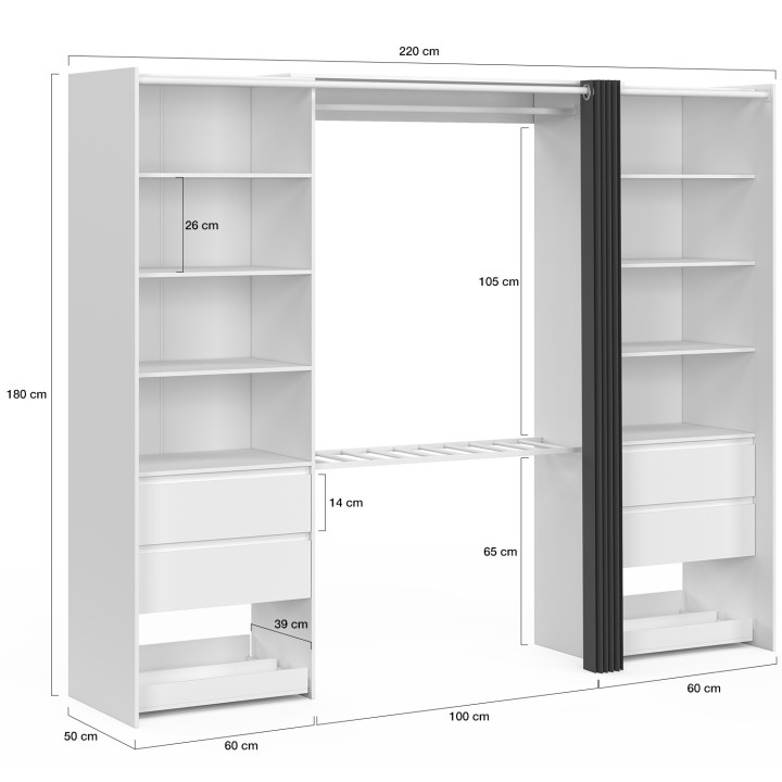 XXL-Doppelkleiderschrank MERYL 220 cm mit Hosenhalter + Regalen + Schubladen + Schuhablage weiß und grau