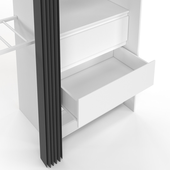 MERYL 220 cm XXL armadio doppio con appendiabiti + ripiani + cassettiere + scarpiere in bianco e grigio