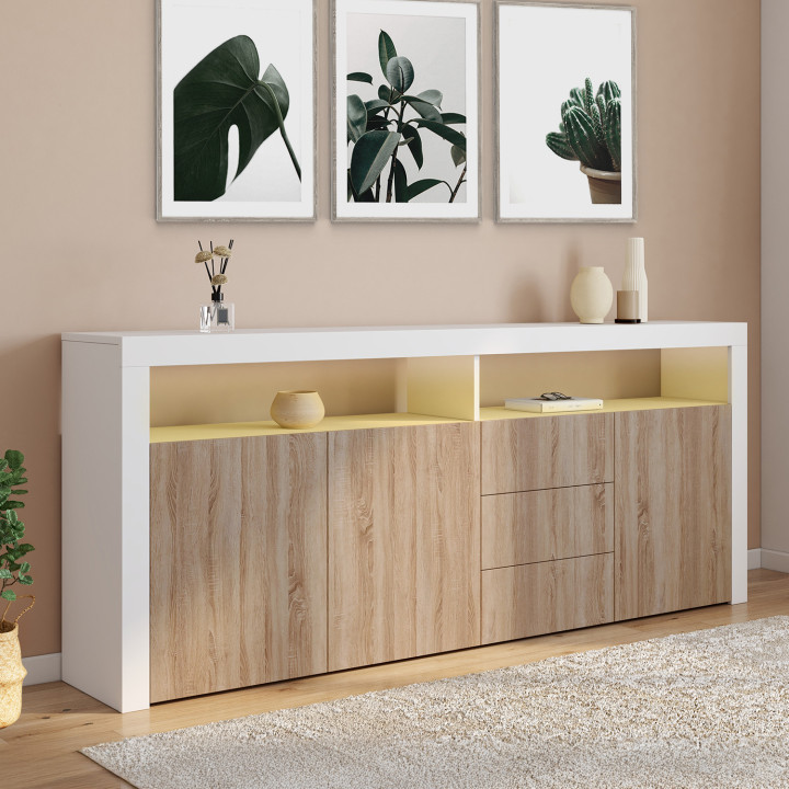 Aparador 180 cm XXL 3 puertas y 3 cajones con LED y nichos en blanco y madera de haya - ELIGHT | IdMarket