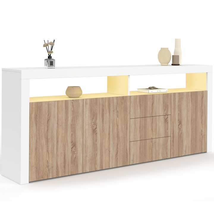 Sideboard 180 cm XXL 3 Türen und 3 Schubladen mit LED und Nischen weiß und Holz in Buchenoptik - ELIGHT | IdMarket