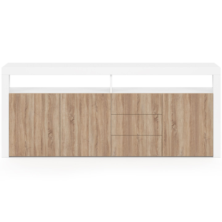 Credenza da 180 cm con 3 ante e 3 cassetti con nicchie in legno bianco ed effetto faggio