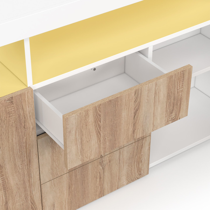 Aparador de 180 cm con 3 puertas y 3 cajones con nichos de madera blanca y efecto haya