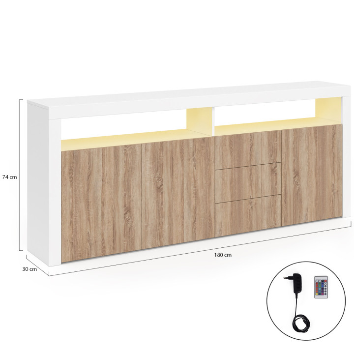Sideboard 180 cm XXL 3 Türen und 3 Schubladen mit LED und Nischen weiß und Holz in Buchenoptik - ELIGHT | IdMarket
