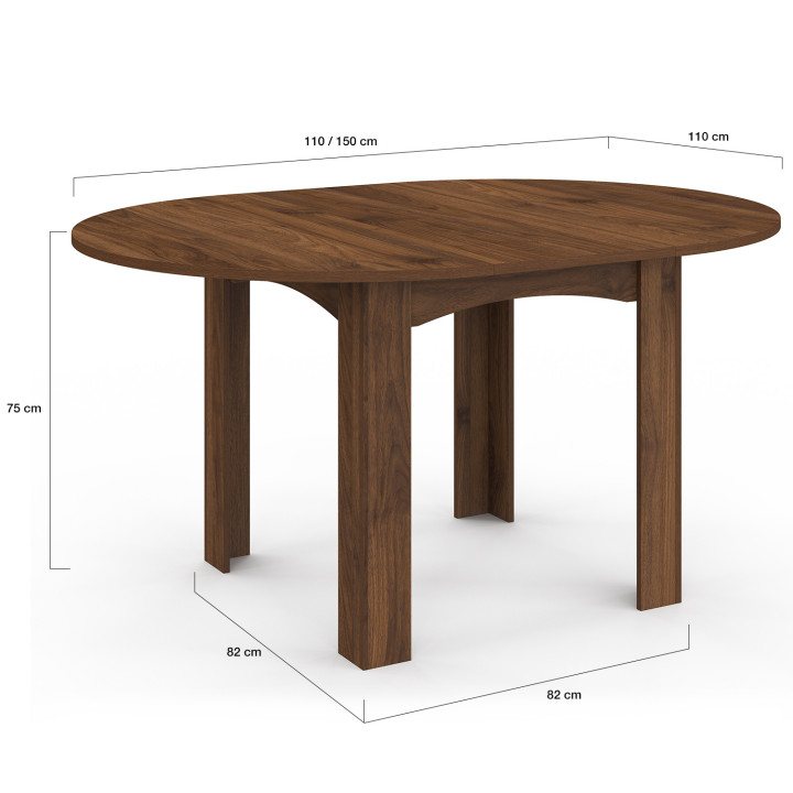 DONA mesa de comedor redonda extensible 4-8 personas nogal 110-150 cm