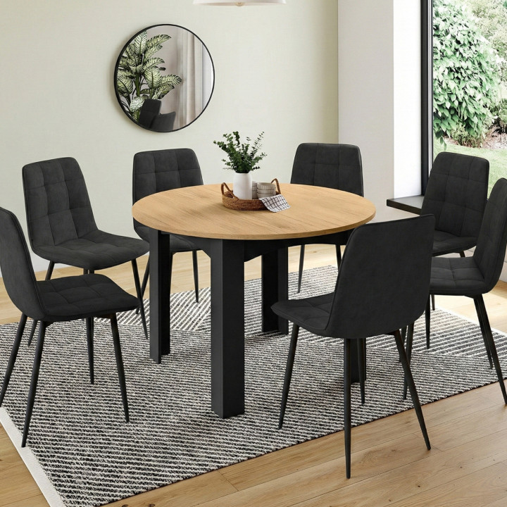 DONA zwarte ronde uitschuifbare eettafel met 110 - 150 cm beuken blad en 6 zwart fluwelen MILA stoelen