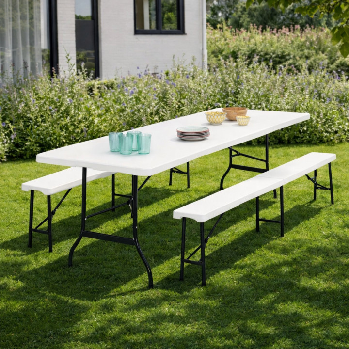 Mesa auxiliar plegable barata 1m80 con 2 bancos | ID Market