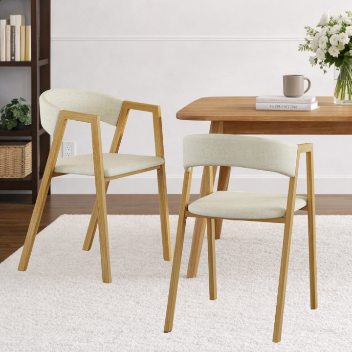 Set di 4 sedie CAMILLE in tessuto beige e metallo effetto legno con braccioli