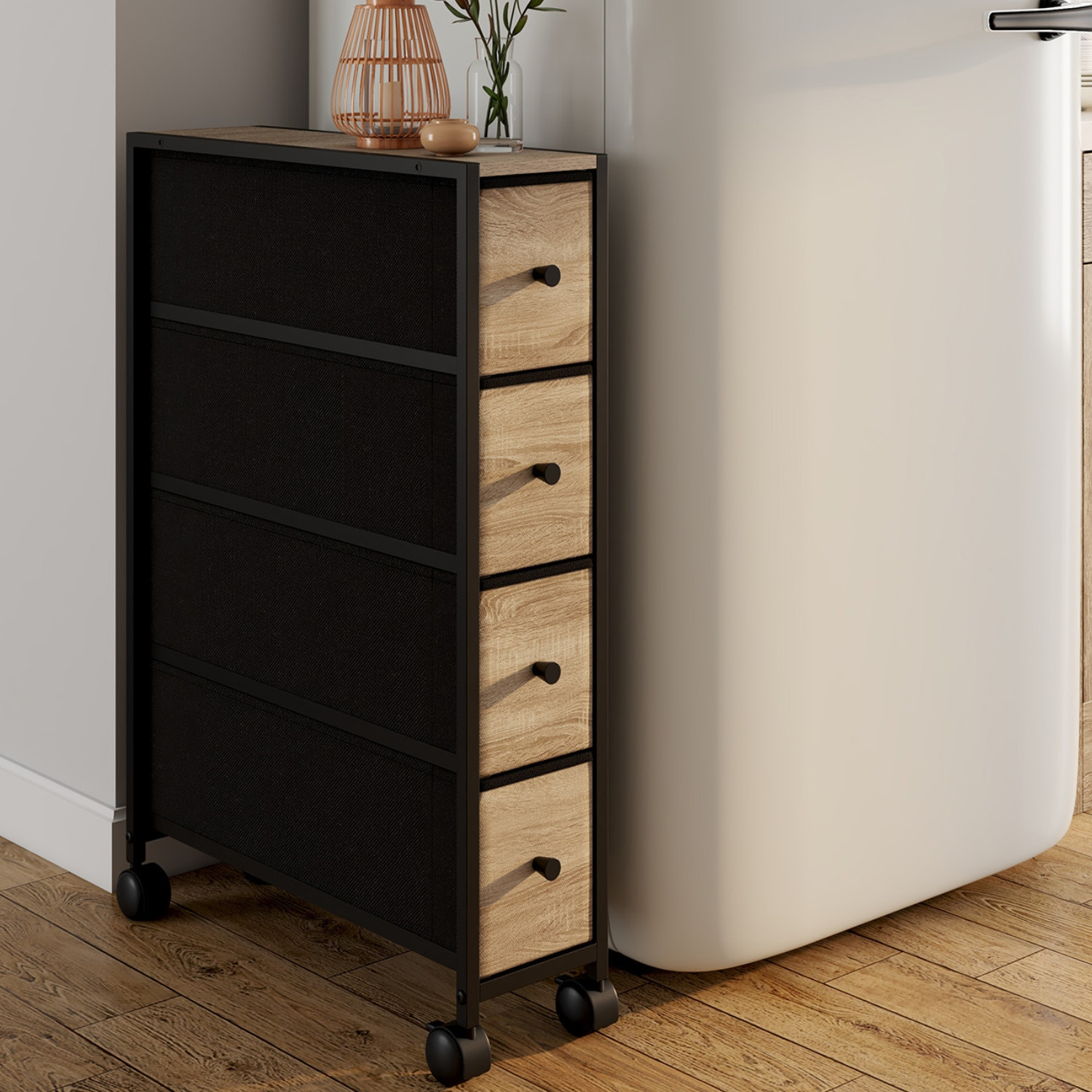 Tour de rangement 4 tiroirs sur roulettes colonne gain de place design industriel