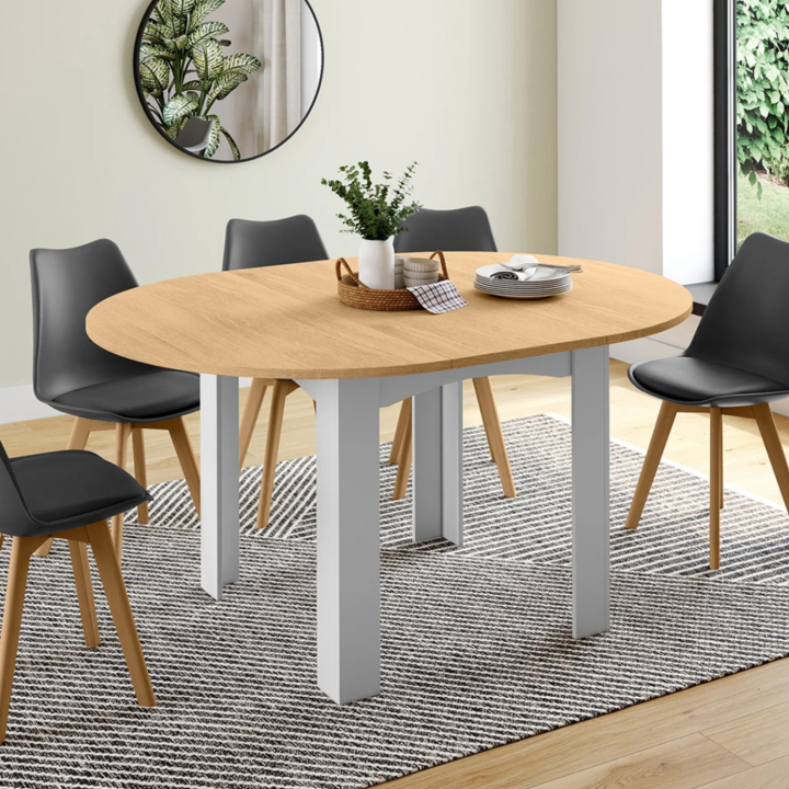 Table à manger extensible ronde DONA 4-8 personnes blanche plateau façon hêtre 110-150 cm