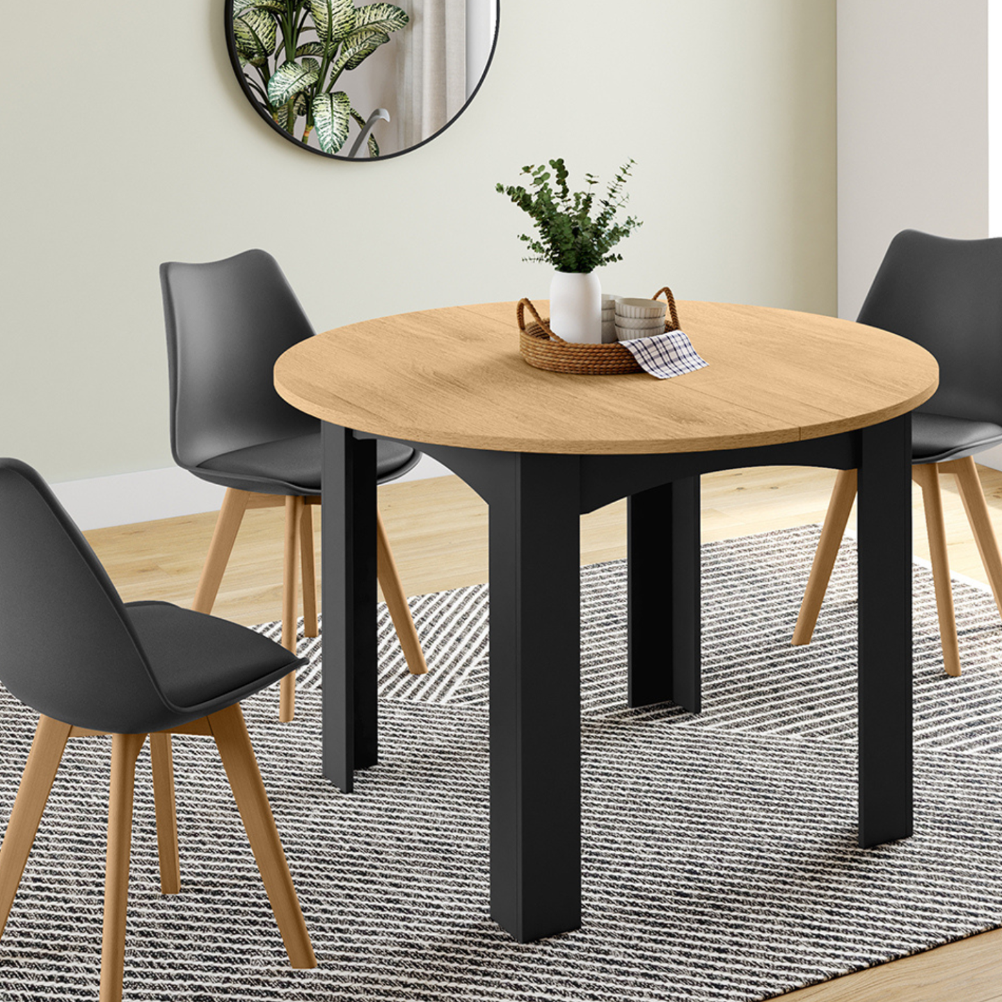 Table Ronde 112cm Ensemble table à manger ronde 110 cm bois et noir et 4 chaises SARA ...