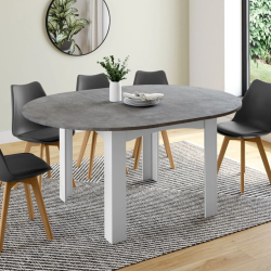 Table à manger extensible ronde DONA 4-8 personnes blanc plateau effet béton 110-150 cm