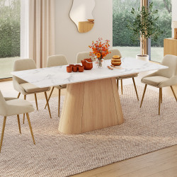 Table à manger extensible rectangle RHONDA 6-10 personnes plateau marbre blanc ALASKA et bois façon hêtre 160-200 cm