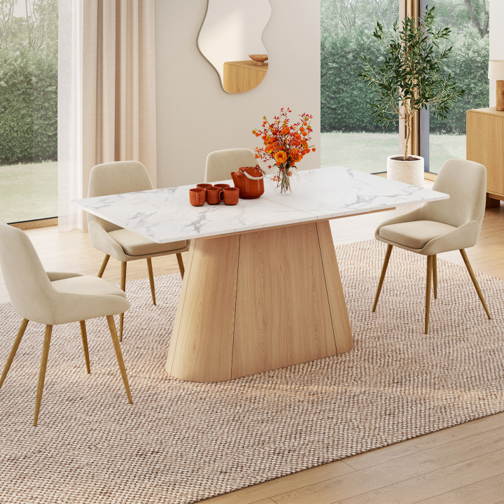 RHONDA 6-10 persoons uitschuifbare rechthoekige eettafel met ALASKA wit marmeren blad en beukenhouten afwerking 160-200 cm