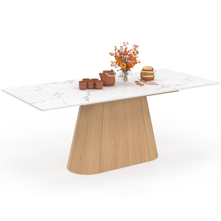 Mesa de comedor rectangular extensible RHONDA 6-10 personas ALASKA tablero de mármol blanco y acabado en madera de haya 160-200