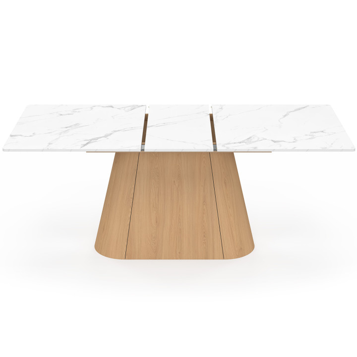 Mesa de comedor rectangular extensible RHONDA 6-10 personas ALASKA tablero de mármol blanco y acabado en madera de haya 160-200