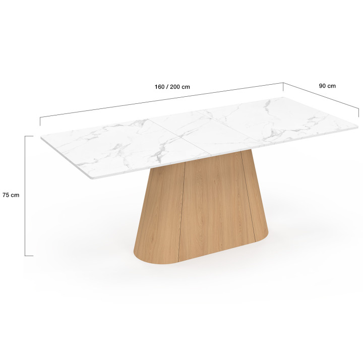 Mesa de comedor rectangular extensible RHONDA 6-10 personas ALASKA tablero de mármol blanco y acabado en madera de haya 160-200