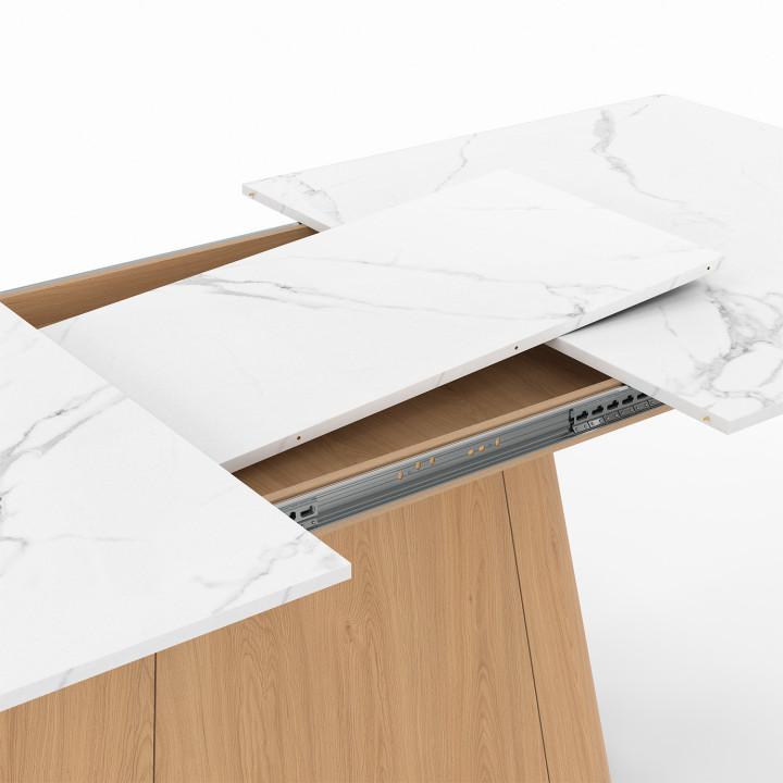 Table à manger extensible rectangle RHONDA 6-10 personnes plateau marbre blanc ALASKA et bois façon hêtre 160-200 cm