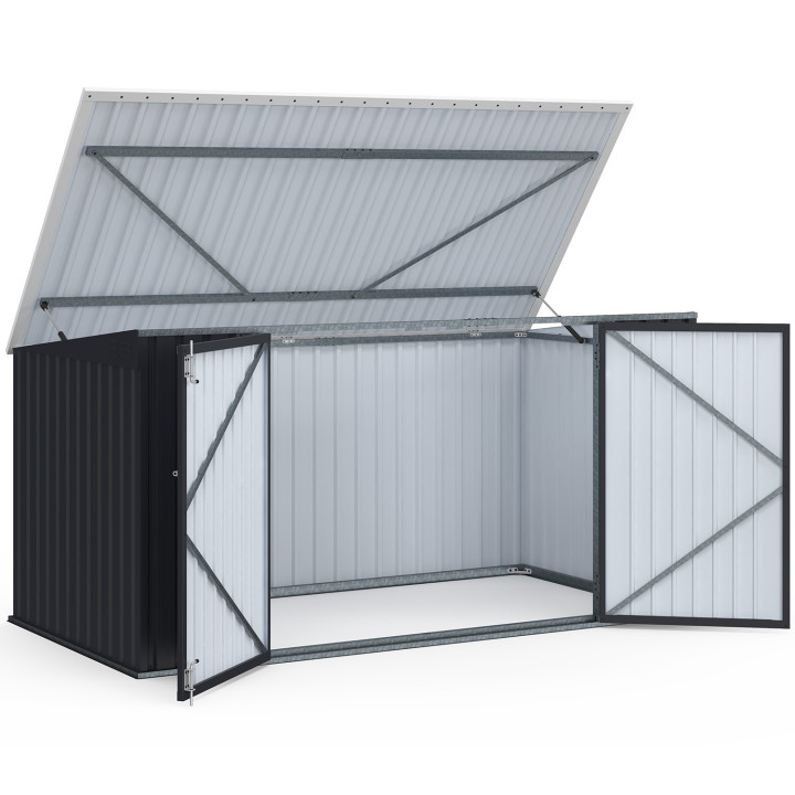 Abri de jardin XXL en métal gris anthracite verrouillable multi-rangement pour stockage vélos, outils, poubelles