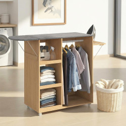 Tabla de planchar plegable con ruedas, estantes ajustables y barra para colgar ropa, con acabado en imitación de haya