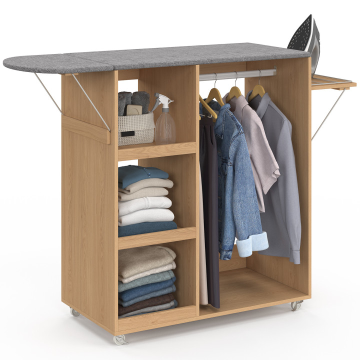 Table à repasser pliable à roulettes avec étagères réglables et barre de penderie façon hêtre et blanc