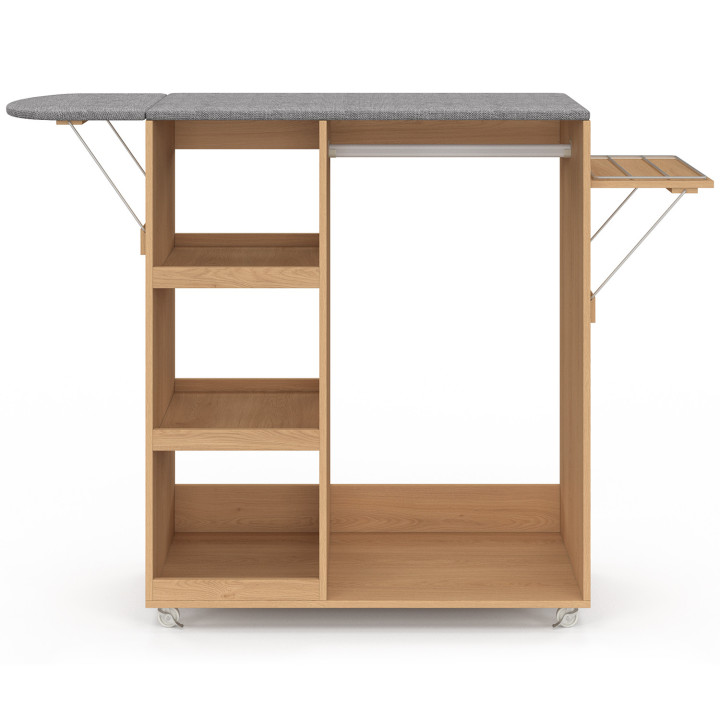 Opvouwbare strijktafel op wieltjes met verstelbare planken en een kledingstang in beukenhoutlook