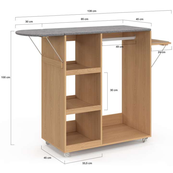 Tabla de planchar plegable con ruedas, estantes ajustables y barra para colgar ropa, con acabado en imitación de haya
