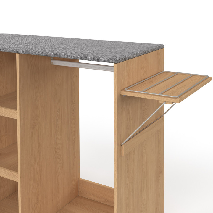 Table à repasser pliable à roulettes avec étagères réglables et barre de penderie façon hêtre et blanc