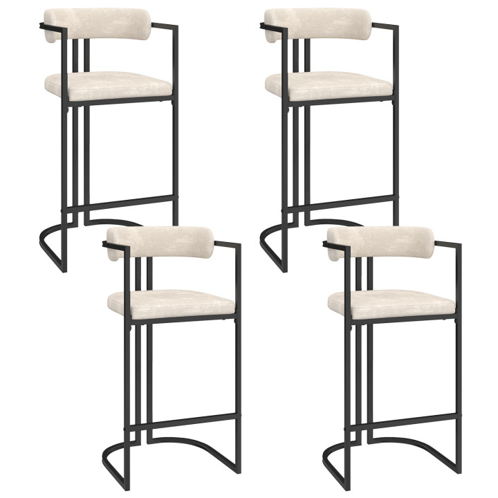 Set di 4 sgabelli da bar RONDY in tessuto ciniglia ecru con braccioli e gambe in metallo nero