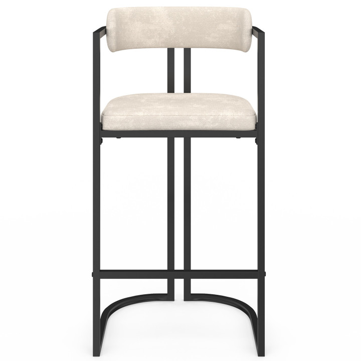 Set di 4 sgabelli da bar RONDY in tessuto ciniglia ecru con braccioli e gambe in metallo nero