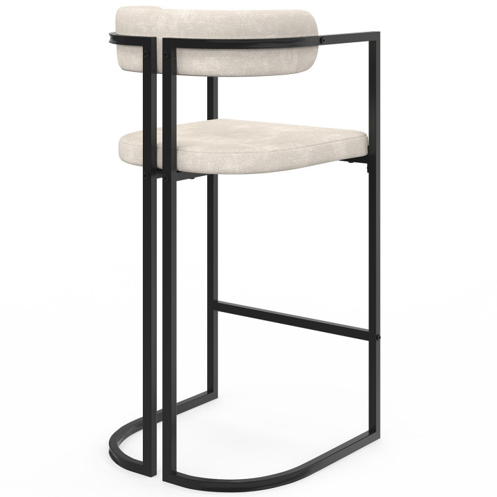 Set di 4 sgabelli da bar RONDY in tessuto ciniglia ecru con braccioli e gambe in metallo nero