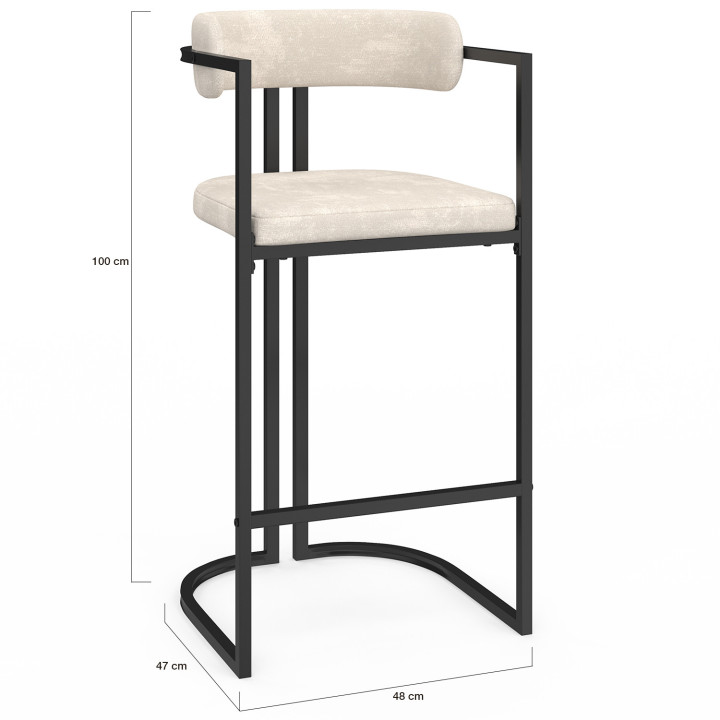 Set di 4 sgabelli da bar RONDY in tessuto ciniglia ecru con braccioli e gambe in metallo nero