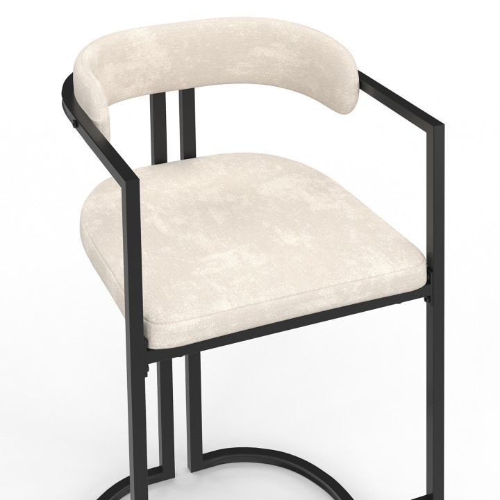 Set di 4 sgabelli da bar RONDY in tessuto ciniglia ecru con braccioli e gambe in metallo nero