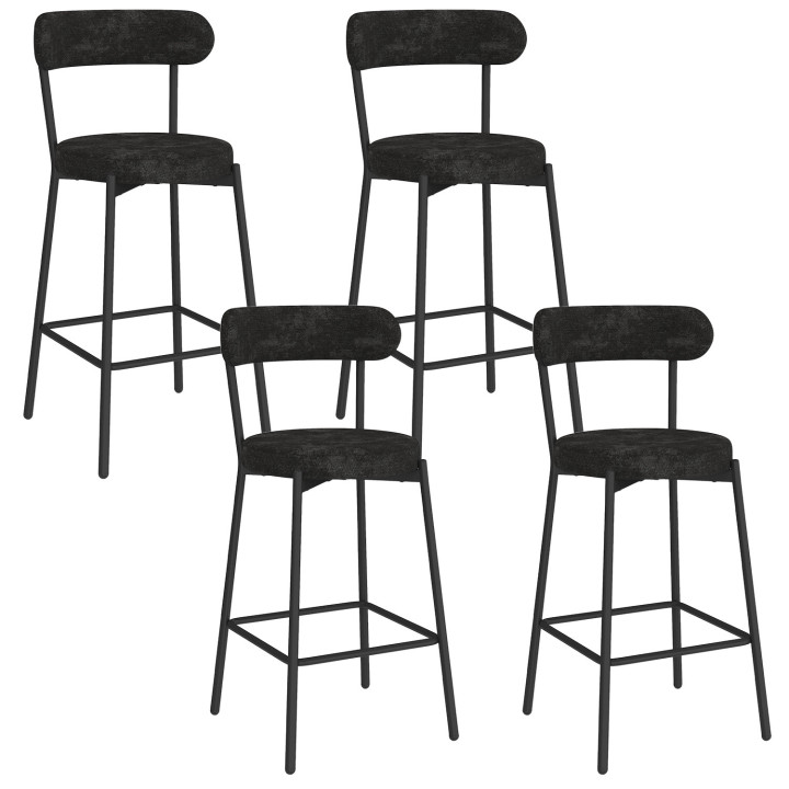 Set di 4 sgabelli da bar MIKI con schienale curvo in tessuto chenille nero e gambe in metallo nero
