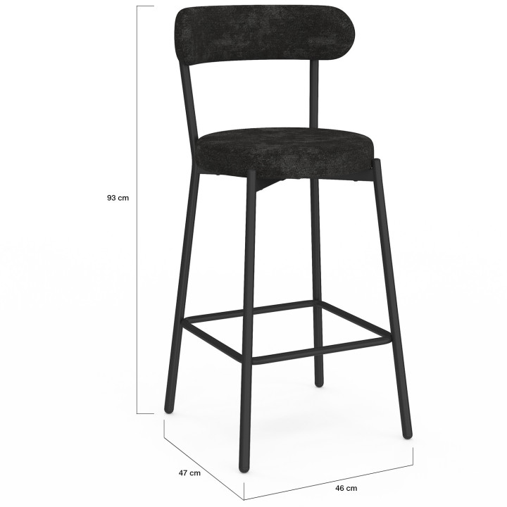 Lot de 4 tabourets de bar MIKI dossier incurvé en tissu chenille noir pieds en métal noir