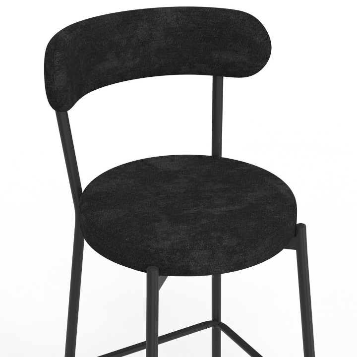 4er-Set MIKI-Barhocker mit geschwungener Rückenlehne aus schwarzem Chenille-Stoff und schwarzen Metallbeinen