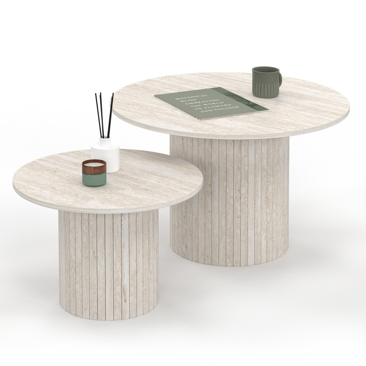 Set di 2 tavolini tondi JULIETTE 50/70 con effetto doghe in travertino