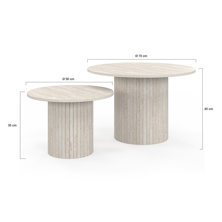 Set di 2 tavolini tondi JULIETTE 50/70 con effetto doghe in travertino